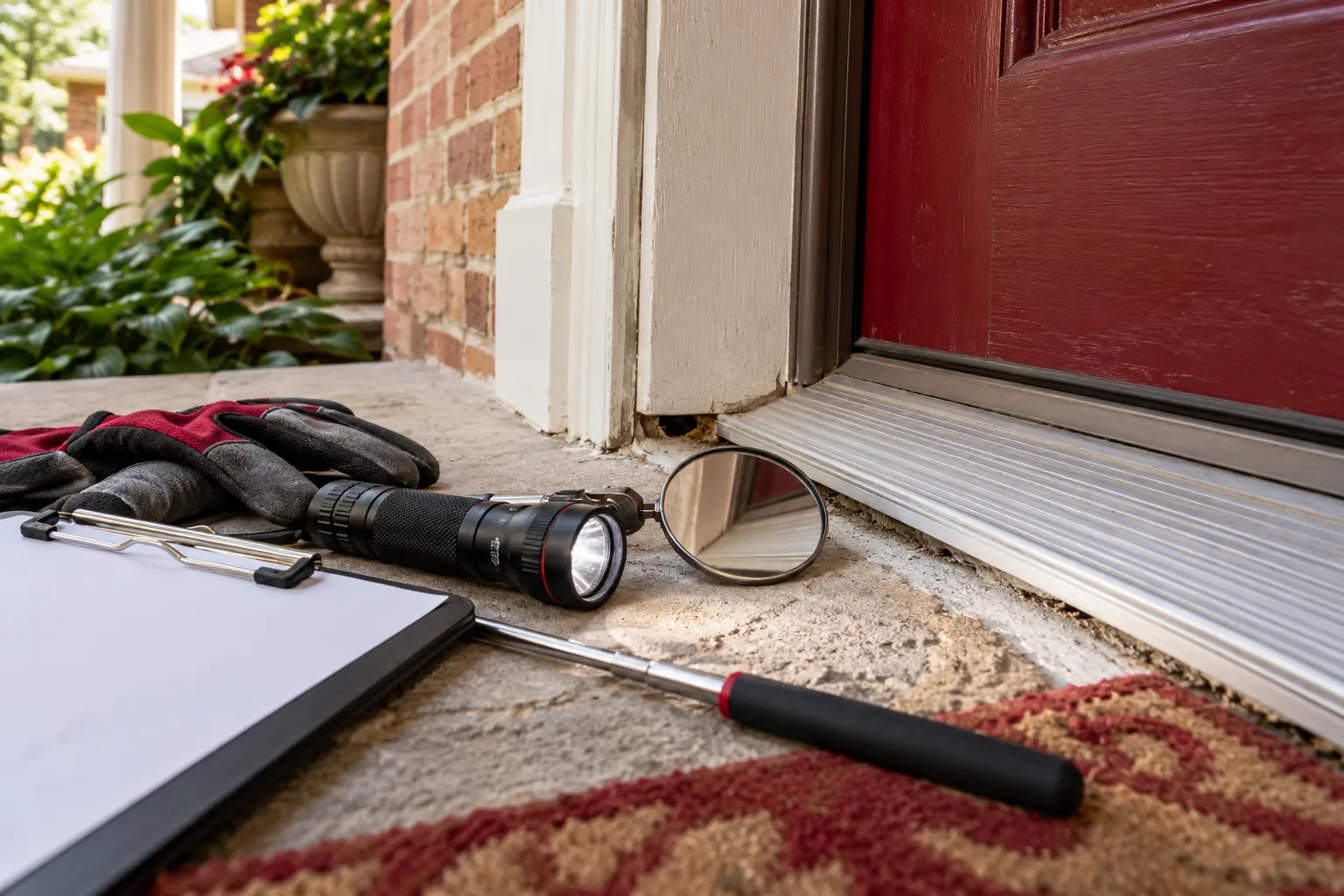 Flashlight, mirror and gloves beside a door threshold for pest inspection