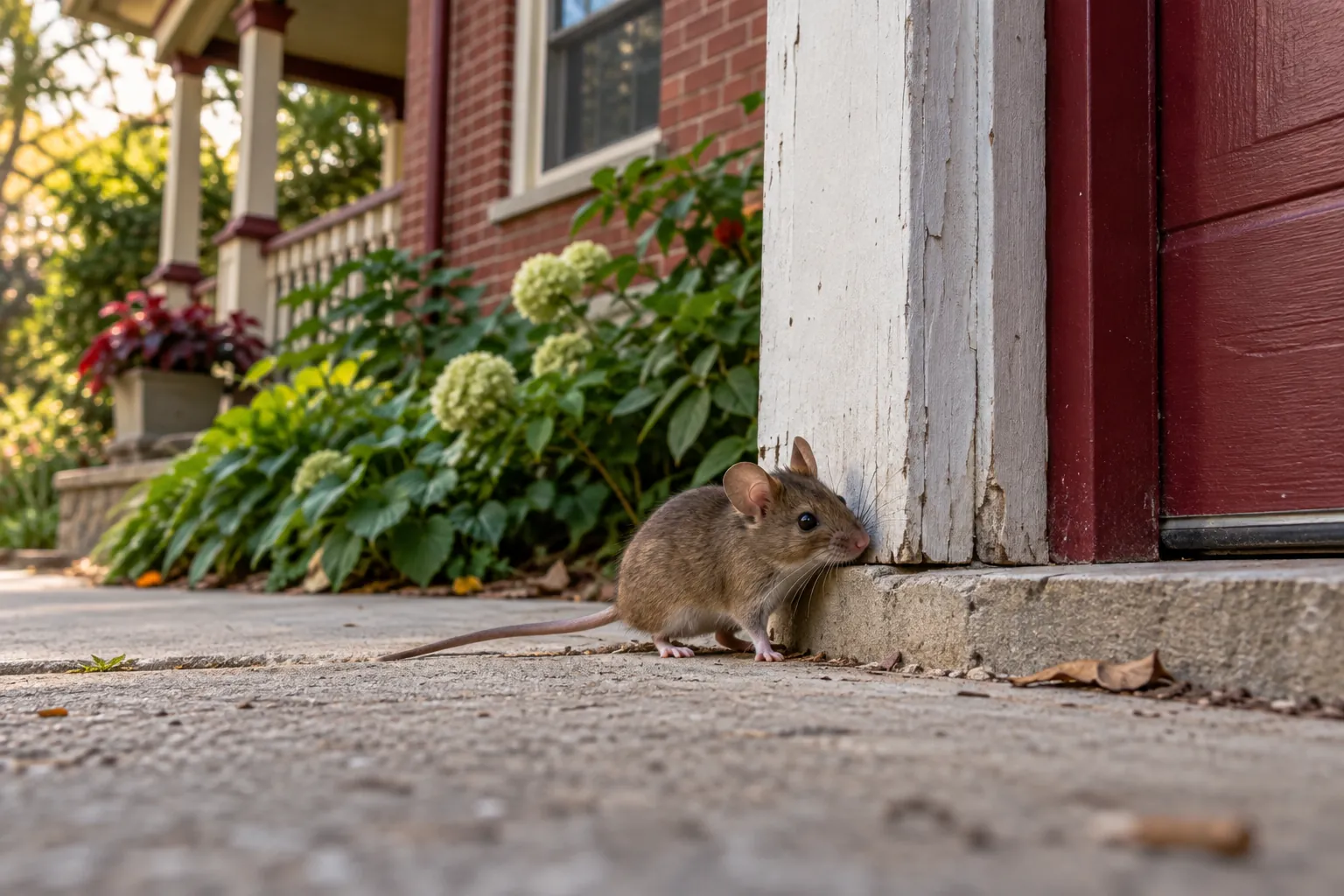 House mouse beside an exterior garage threshold
