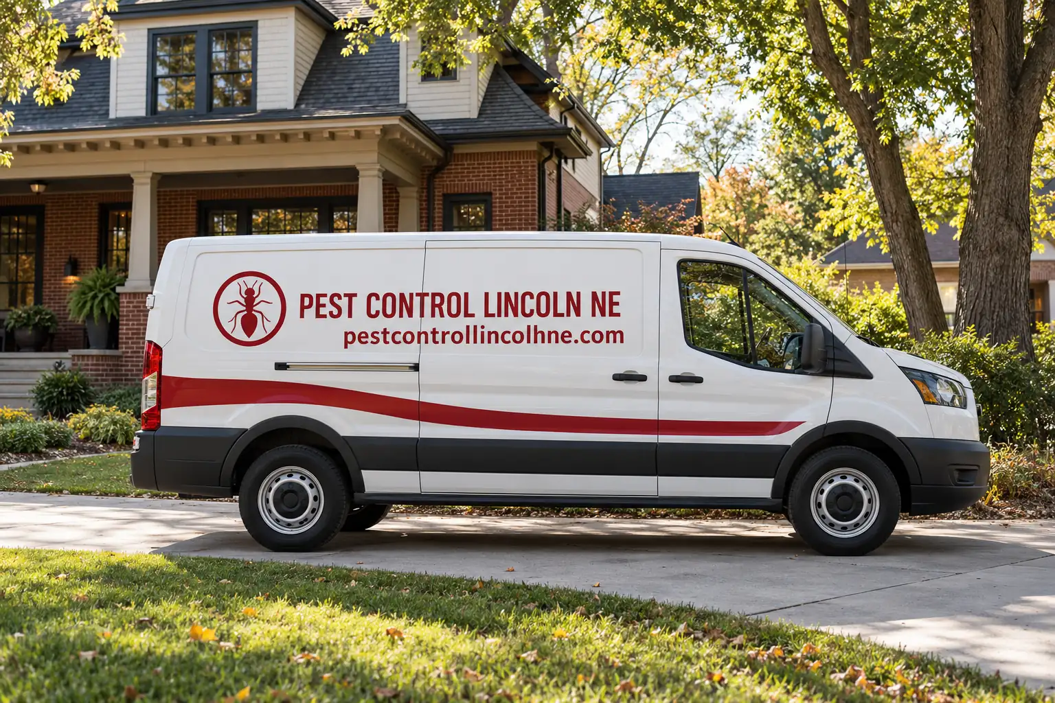 Branded Pest Control Lincoln NE van outside a home